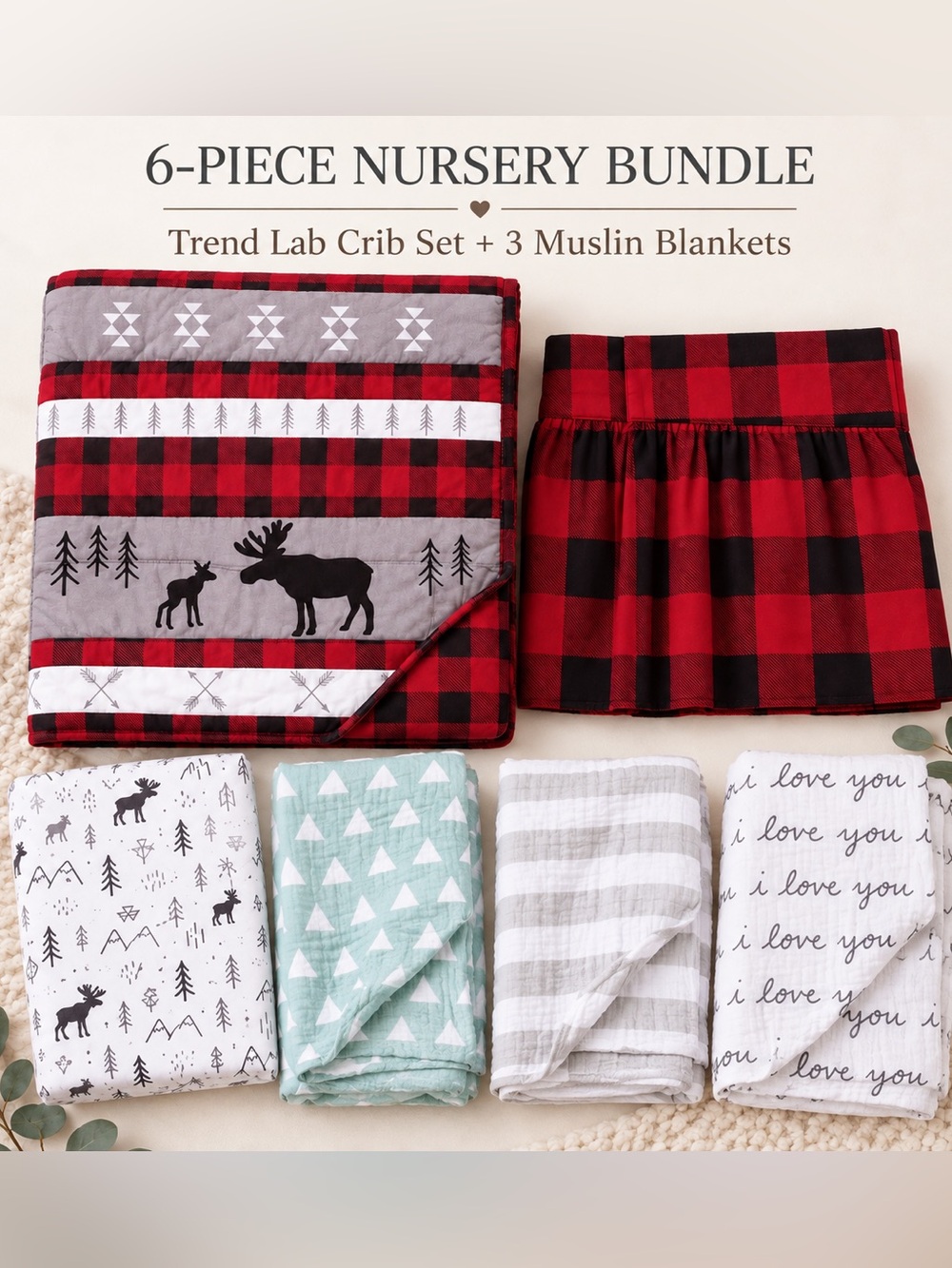 Trend Lab Lumberjack Moose 6-Piece Crib Bedding & Muslin Blanket Bundle
